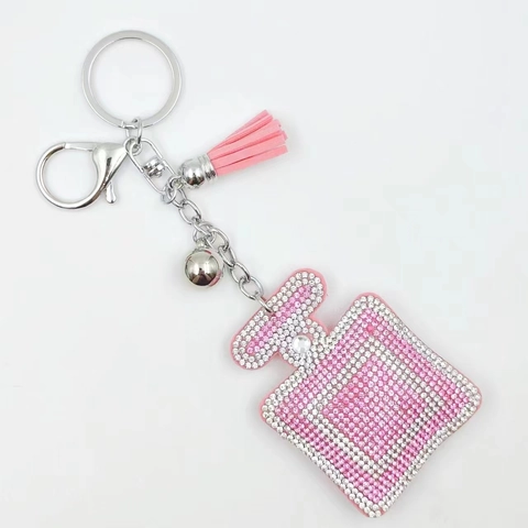 Elegant Rhinestone Perfume Bottle Keychain Metal Inlaid Crystal Bag Charm With Leather Tassel And Bell For Women Jewelry