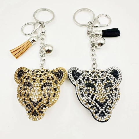 Alloy Rhinestone Leopard Head Keychain Tassel Bell Women Bag Hanging Accessory Sparkly Animal Key Ring Jewelry Gift
