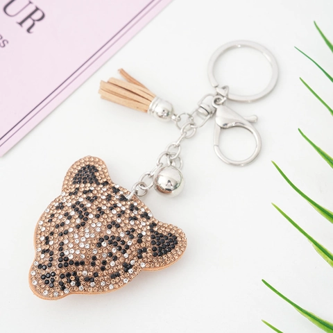 Alloy Rhinestone Leopard Head Keychain Tassel Bell Women Bag Hanging Accessory Sparkly Animal Key Ring Jewelry Gift