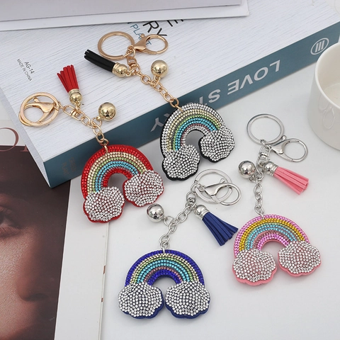 Kreativer Regenbogen Strass Schlüsselanhänger Funkelnde Wolke Quaste Taschenanhänger Legierung Metall Auto Hängen Schlüsselring Geschenk Damen Schmuck