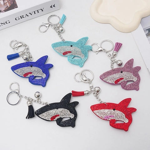 Fashion Shark Rhinestone Keychain With Tassel And Bell Sparkly Alloy Animal Bag Pendant For Women Girls Daily Accessory