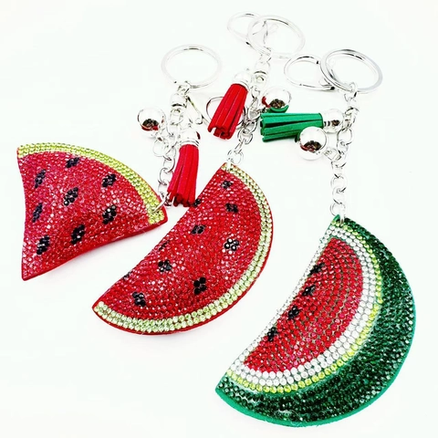 Llavero de Sandía con Diamantes de Imitación con Borla y Cascabel para Mujer Adorno de Bolso Joyería Colgante de Fruta