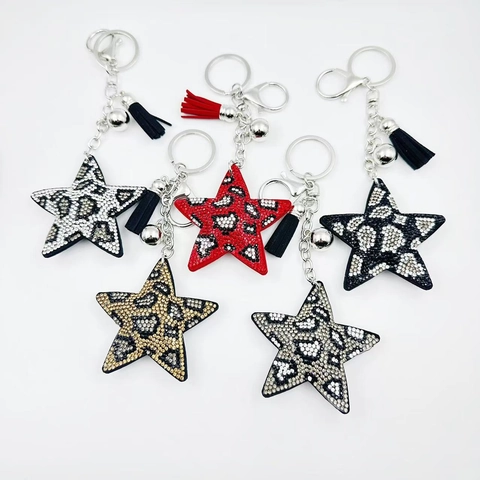 Leopard Print Star Rhinestone Keychain For Women Alloy Sparkling Bag Charm Car Key Holder With Leather Tassel