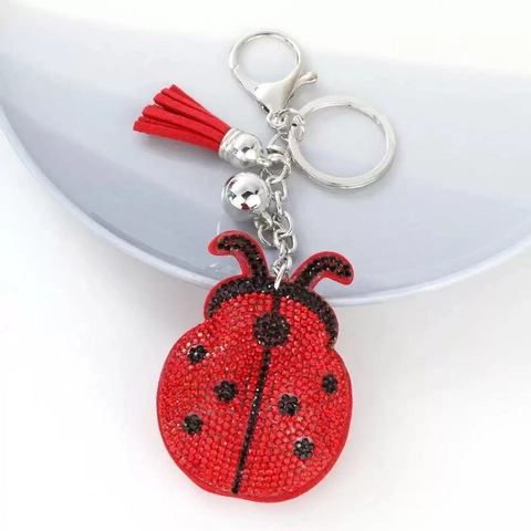 Portachiavi Coccinella con Strass in Lega Ciondolo Borsa Insetto con Nappa in Pelle e Campanello per Donna Accessorio Chiave Auto