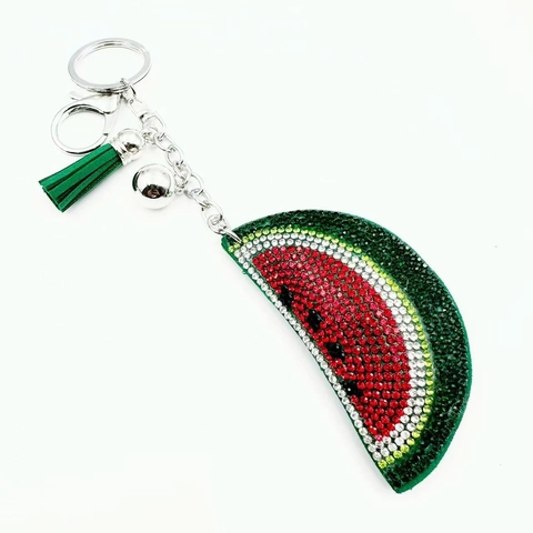 Llavero de Sandía con Diamantes de Imitación con Borla y Cascabel para Mujer Adorno de Bolso Joyería Colgante de Fruta