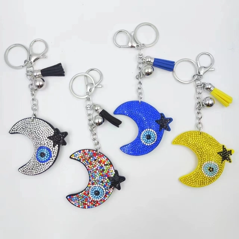 Evil Eye Moon Star Rhinestone Keychain Alloy Moon Pendant With Tassel Bell Car Bag Hanging Ornament For Women Girls Jewelry Gift