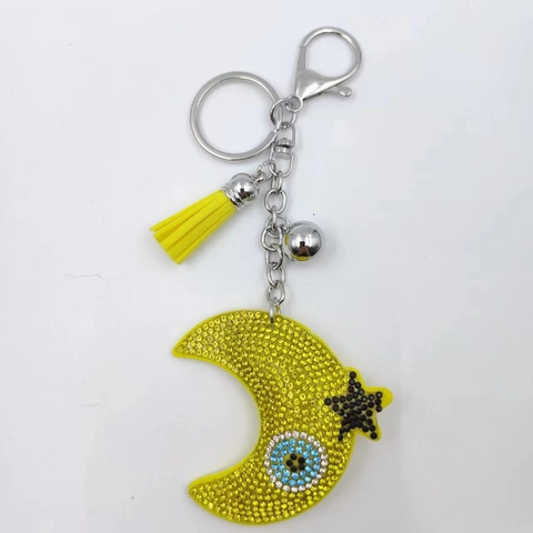 Evil Eye Moon Star Rhinestone Keychain Alloy Moon Pendant With Tassel Bell Car Bag Hanging Ornament For Women Girls Jewelry Gift