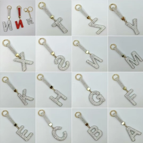 Luxus Legierung Strass A-Z Buchstaben Schlüsselanhänger Für Damen Gold Silber Galvanisiert Glänzender Taschenanhänger Auto Schlüsselring Geschenk
