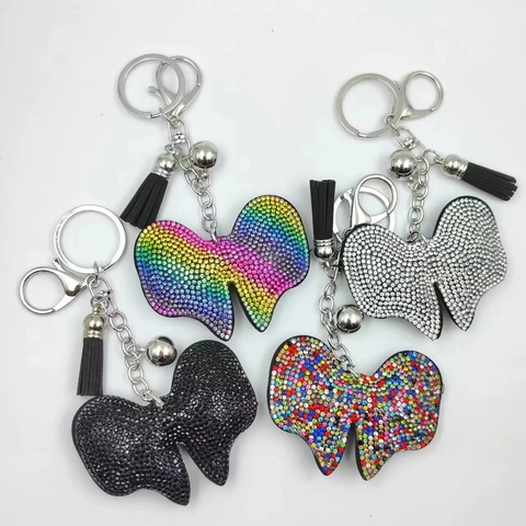 Fashion Alloy Rhinestone Butterfly Keychain For Women Shinning Bowknot Bag Pendant With Artificial Leather Tassel Bell Accessories Elegant Jewelry Keyring