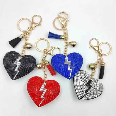 Fashion Rhinestone Heart Lightning Keychain With Tassel Alloy Bag Pendant Charm For Women Handbag Accessories Key Ring