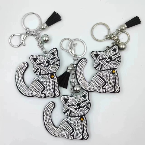 Kreativer Cartoon Katze Strass Schlüsselanhänger Glänzender Tieranhänger Mit Quaste Glocke Für Damen Tasche Auto Zubehör