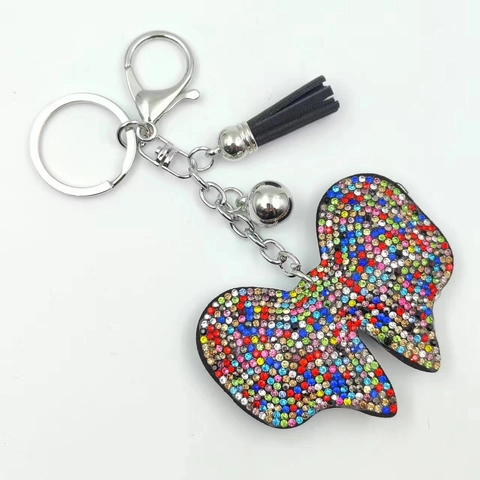 Fashion Alloy Rhinestone Butterfly Keychain For Women Shinning Bowknot Bag Pendant With Artificial Leather Tassel Bell Accessories Elegant Jewelry Keyring