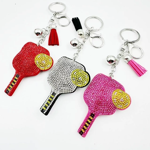 Pickleball Paddle Rhinestone Keychain For Women Bag Charm Sports Souvenir Glitter Sports Paddle With Tassel Bell Zinc Alloy Key Ring Gift