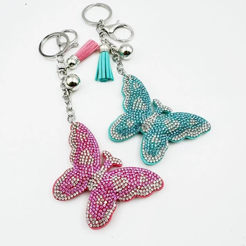 Cute Cartoon Butterfly Rhinestone Keychain Fashion Bag Crystal Tassel Pendant Alloy Rhinestone Butterfly Key Ring For Girls Gift