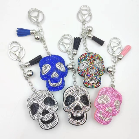 Punk Skull Rhinestone Keychain With Tassel And Bell Metal Skeleton Keyring For Halloween Gift Backpack Car Ornament Unisex
