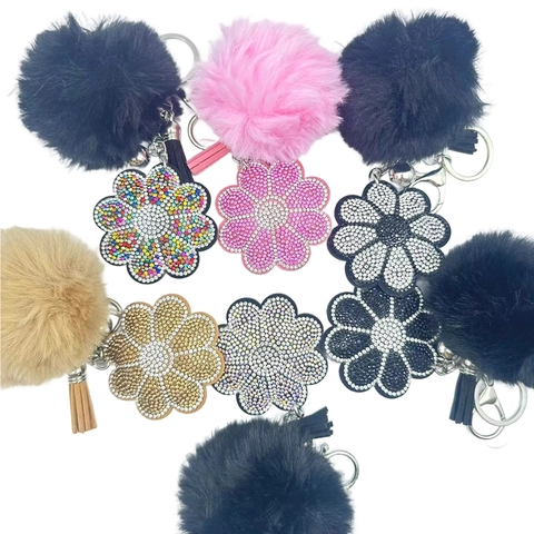 Rhinestone Flower Pom Pom Keychain Artificial Fur Hairball Bag Charm With Leather Tassel Car Key Ring Accessory Women Jewelry