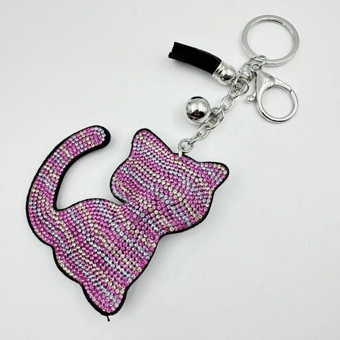 Cute Rhinestone Cat Keychain For Women Colorful Fabric Inlaid Artificial Diamond Bag Charm Animal Car Pendant Gift