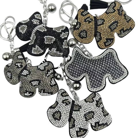Portachiavi per Cani Scottie con Strass per Donna Charme per Borsa per Cani in Cristallo con Stampa Leopardata in Lega di Lusso con Campanello in Metallo a Nappa