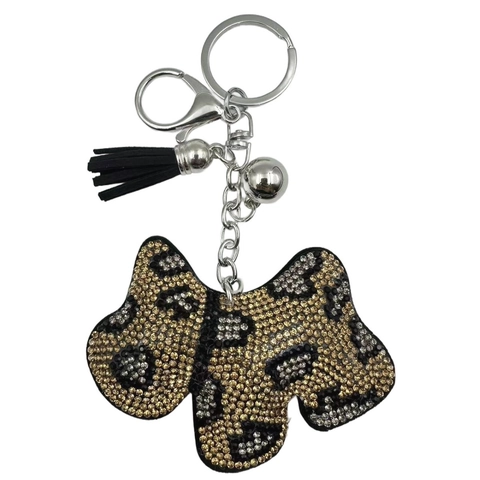 Portachiavi per Cani Scottie con Strass per Donna Charme per Borsa per Cani in Cristallo con Stampa Leopardata in Lega di Lusso con Campanello in Metallo a Nappa