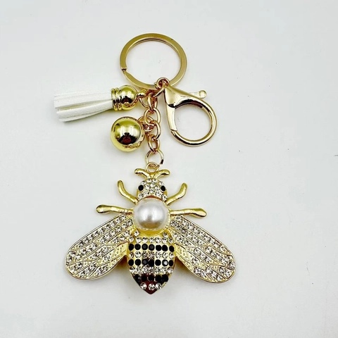 Llavero de Forma de Abeja de Aleación de Moda Con Adorno de Strass y Perla Artificial Borla Anillo de Llave Accesorio de Bolso Mujer