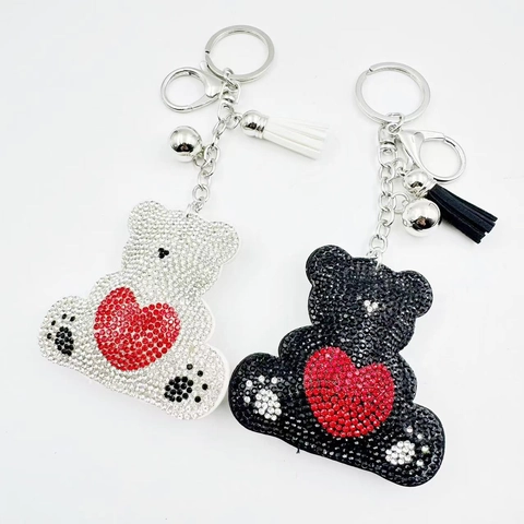 Cartoon Alloy Rhinestone Bear Keychain Heart Pattern Tassel Bell Pendant For Women Bag Charms Key Ring Accessories Gift