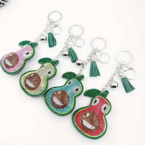Cute Cartoon Avocado Rhinestone Keychain Glitter Crystal Fruit Bag Pendant With Leather Tassel For Women Kids Key Ring