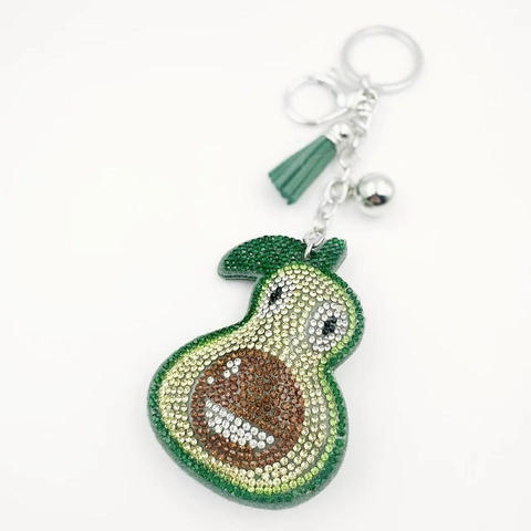 Cute Cartoon Avocado Rhinestone Keychain Glitter Crystal Fruit Bag Pendant With Leather Tassel For Women Kids Key Ring