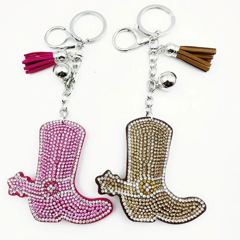 Portachiavi Stivale da Cowboy Occidentale con Strass Luccicanti Anello per Chiavi a Forma di Scarpa con Nappina Campanello per Donna Ciondolo Borsa