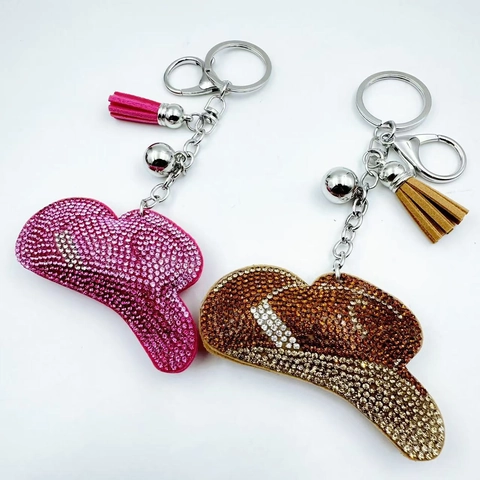 Portachiavi a Forma di Cappello da Cowboy con Strass Nappina in PU Campanello Pendente per Borsa Cappello Western Donna Gioielli