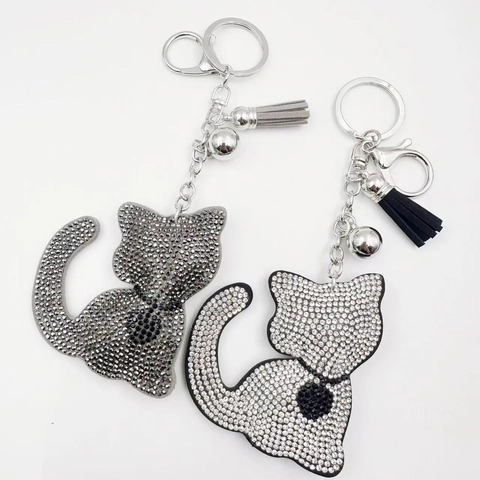 Bling Strass Kat Sleutelhanger Met Suède Kwastje Bel Glinsterende Dier Tas Hanger Legering Sleutelhanger Voor Vrouwen Tas Decoratie