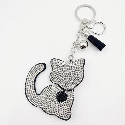 Bling Strass Kat Sleutelhanger Met Suède Kwastje Bel Glinsterende Dier Tas Hanger Legering Sleutelhanger Voor Vrouwen Tas Decoratie