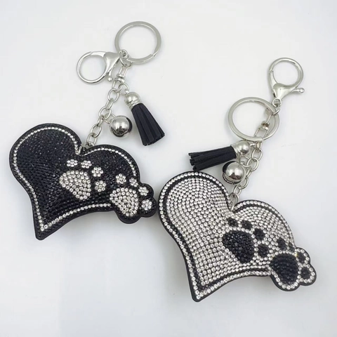 Bling Heart Paw Print Rhinestone Keychain Creative Dog Claw Key Ring With Tassel Bell Car Bag Hanging Accessory Jewelry