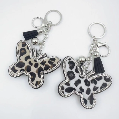 Llavero de Mariposa con Estampado de Leopardo y Diamantes de Imitación de Piel Sintética con Borla de Cuero Negro para Mujer
