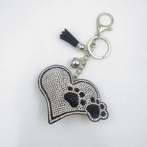 Bling Heart Paw Print Rhinestone Keychain Creative Dog Claw Key Ring With Tassel Bell Car Bag Hanging Accessory Jewelry