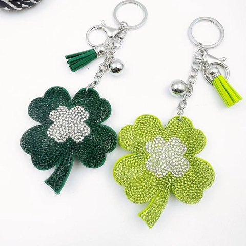 Funkelndes Strass Vierblättriges Kleeblatt Schlüsselanhänger Mit Quaste Und Glocke Für Damen Tasche Anhänger Legierung Schmuck