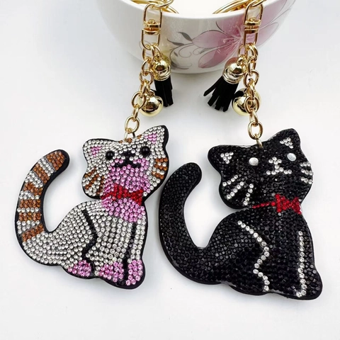 Llavero de Gato de Dibujos Animados Lindo con Diamantes de Imitación Colgante de Bolsa de Gatito de Cristal con Borla y Campana
