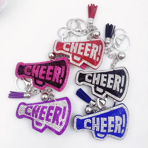 Fashion Rhinestone Megaphone Keychain Cheer Spirit Tassel Bell Bag Charm Accessories For Women Girls Sport Cheerleading Gift