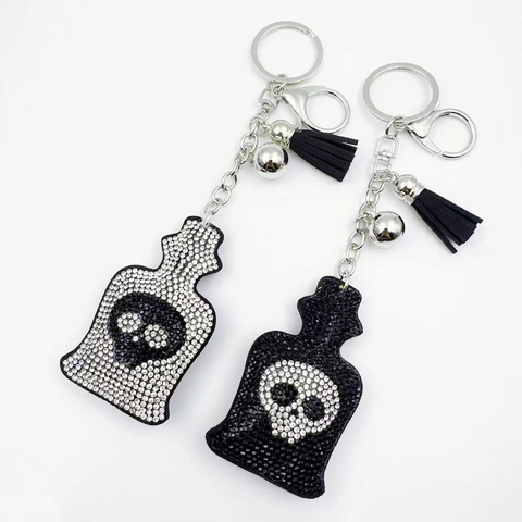 Gothic Rhinestone Skull Keychain For Halloween Alloy Sparkling Bottle Pendant Bag Accessories With Tassel Bell Jewelry