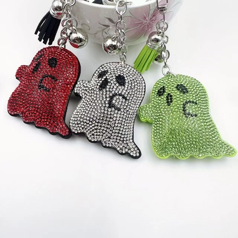 Porte-clés Fantôme d'Halloween avec Strass Incrustés Alliage de Zinc Pompon Cloche Pendentif Accessoire de Sac Femme