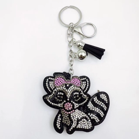 Portachiavi Procione Cartone Animato Con Strass e Nappa in Velluto Coreano Moda Animale Ciondolo per Borsa in Lega Intarsiata Regalo