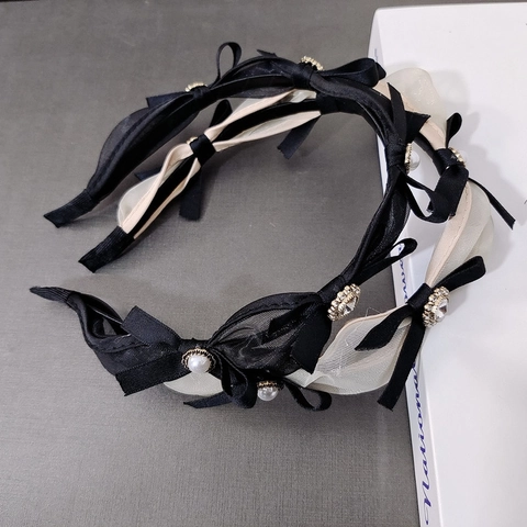 Elegante Cerchietto con Fiocco in Rete Vintage Francese per Donna Perla Artificiale Strass Impreziosito Fascia per Capelli Accessorio Moda Coreana