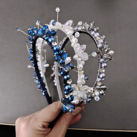 Diadema de Flores de Cristal con Cuentas Hechas a Mano Retro Perla Artificial Vintage Dulce Moda Diadema Mujeres Boda Joyería