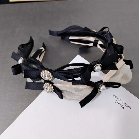 Elegante Cerchietto con Fiocco in Rete Vintage Francese per Donna Perla Artificiale Strass Impreziosito Fascia per Capelli Accessorio Moda Coreana