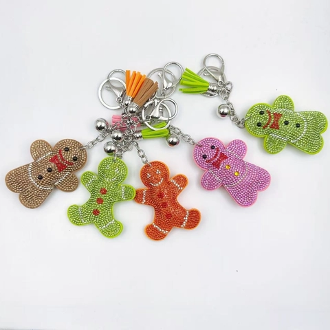 Christmas Gingerbread Man Rhinestone Keychain Sparkling Alloy Bag Pendant With PU Tassel Bell Festive Holiday Jewelry Gift