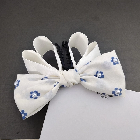 Pinza de Banana con Lazo de Satén de Estilo Coreano Con Estampado Floral de Flores de Perla Artificial Pinza de Pelo Vertical para Coleta para Mujer Elegantes Accesorios para el Cabello