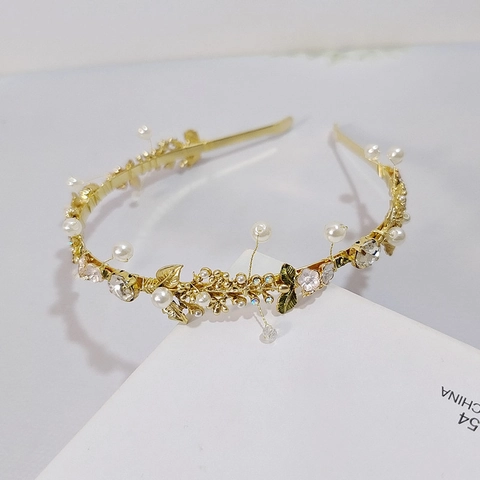 Gold Metal Flower Headband With Artificial Pearls Rhinestones Elegant Forest Style Hair Hoop For Women Wedding Party