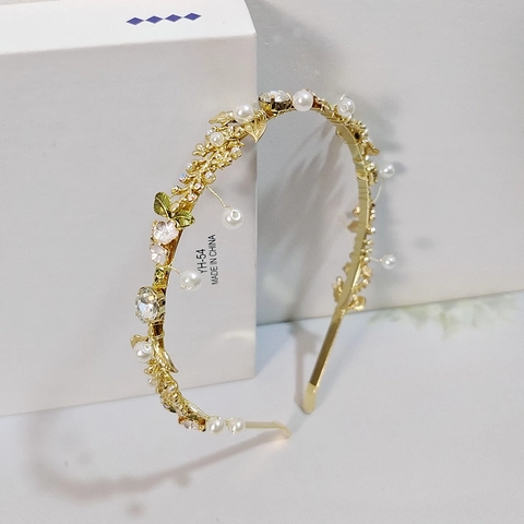 Gold Metal Flower Headband With Artificial Pearls Rhinestones Elegant Forest Style Hair Hoop For Women Wedding Party