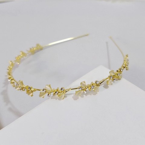 Elegante Cerchietto in Metallo Floreale Oro Con Opale Artificiale Strass Vintage Francese Dolce Sottile Fascia Capelli Donna Gioielli