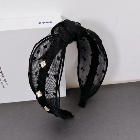 Serre-tête Élégant en Maille à Pois avec Nœud en Alliage Orné de Strass Large Bandeau Vintage Accessoires Cheveux Femme