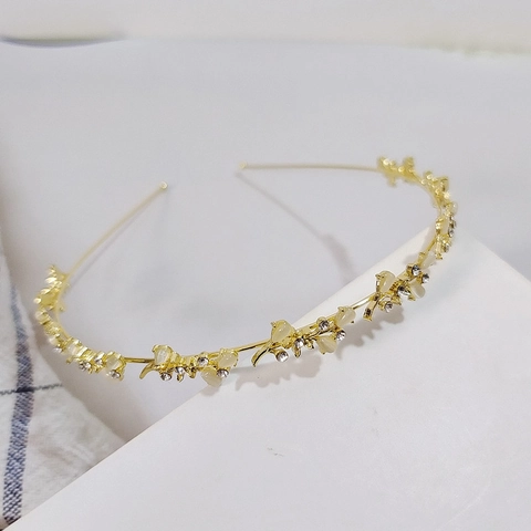 Elegante Cerchietto in Metallo Floreale Oro Con Opale Artificiale Strass Vintage Francese Dolce Sottile Fascia Capelli Donna Gioielli